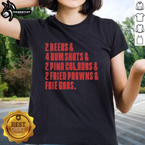 Top The Sopranos last meal tee featuring beers, rum shots, pina coladas, fried prawns, and foie gras design.