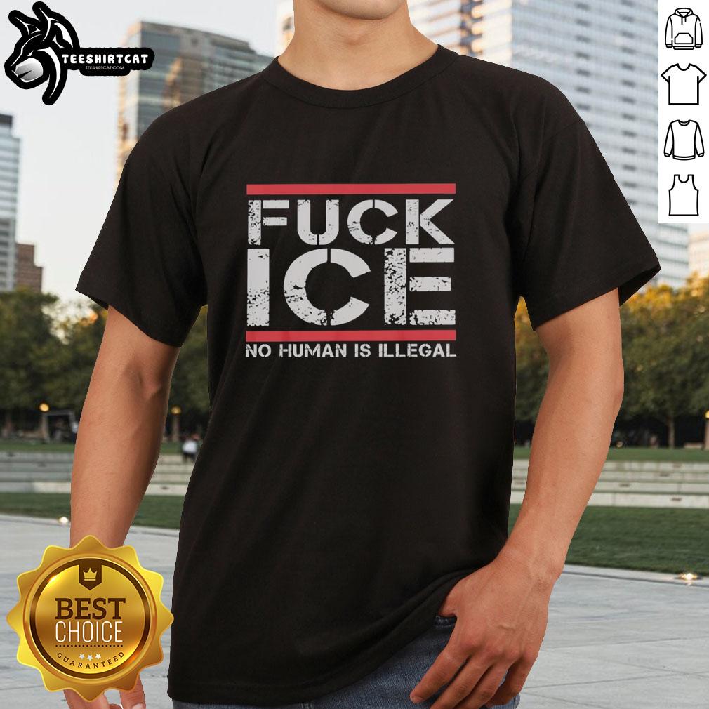 Awesome Fck Ice No Human Is Illegal retro t-shirt design featuring bold text on a stylish graphic tee.