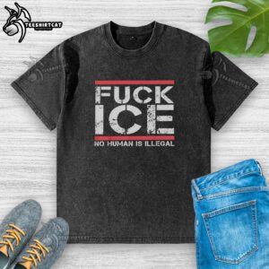 Retro washed T-shirt featuring 'Awesome Fck Ice' and 'No Human is Illegal' graphics for a stylish, bold statement.