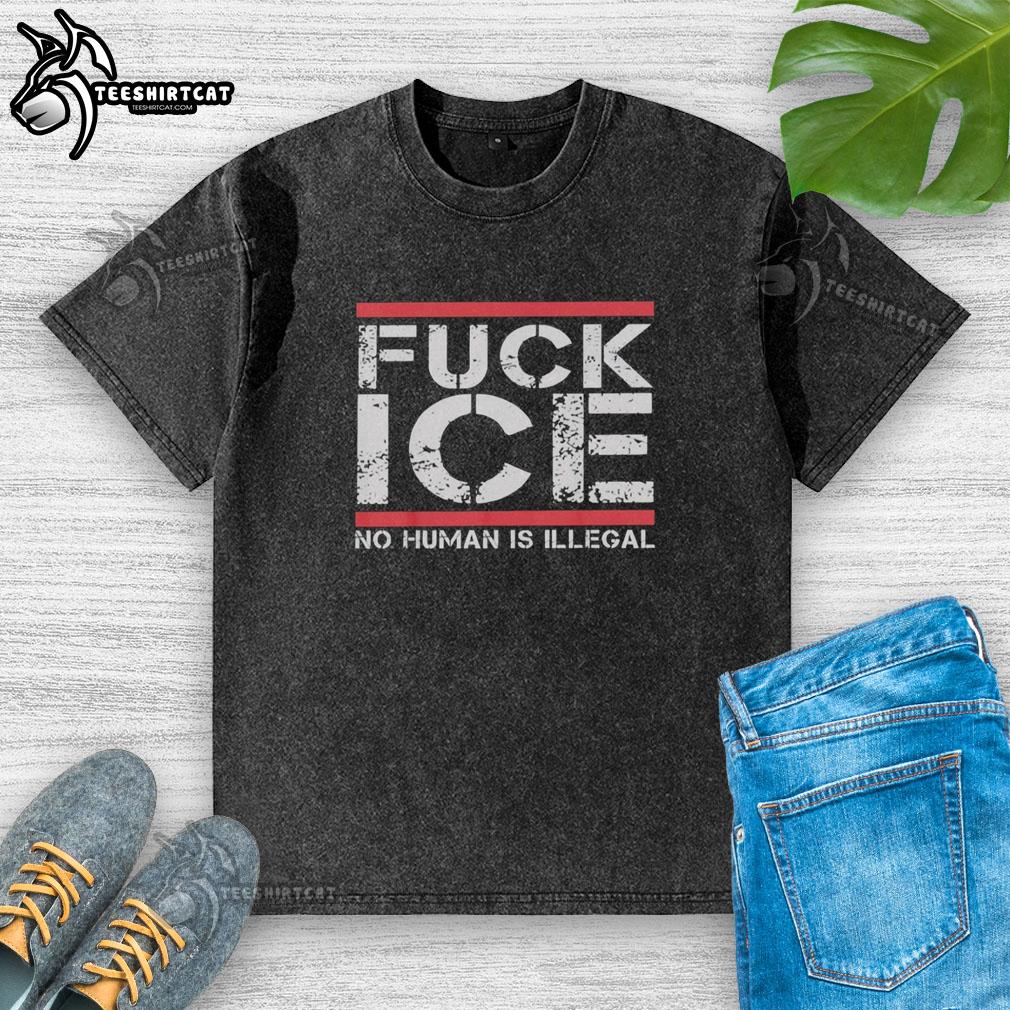 Retro washed T-shirt featuring 'Awesome Fck Ice' and 'No Human is Illegal' graphics for a stylish, bold statement.