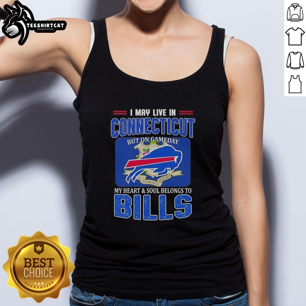 Buffalo Bills tank top worn by fan in Connecticut, showcasing team pride on game day with vibrant colors and bold design.