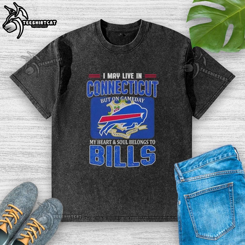 Buffalo Bills washed t-shirt with 'My Heart and Soul Belongs to Buffalo' slogan, perfect for gameday pride in Connecticut.