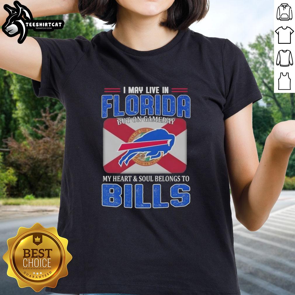 Buffalo Bills football flag ladies tee showcasing team spirit for fans living in Florida on game day.