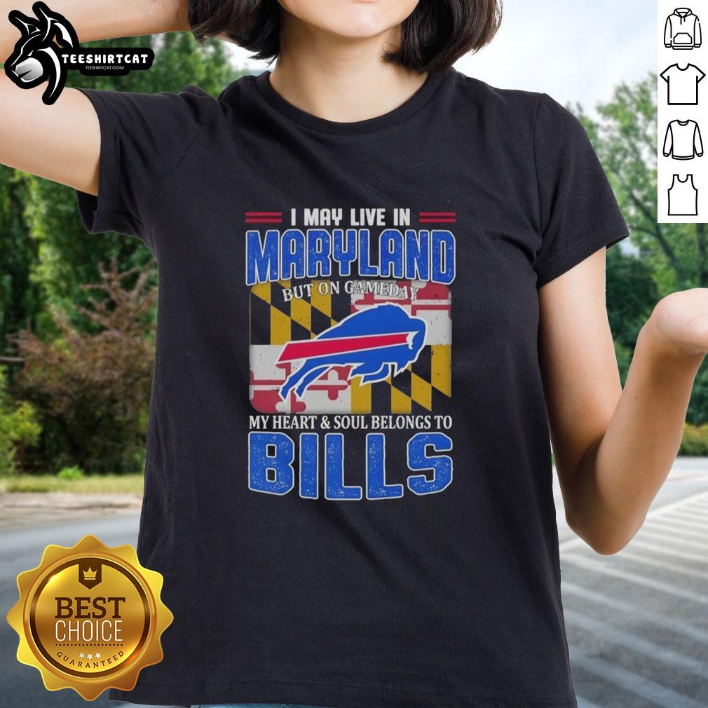 Buffalo Bills football flag ladies tee, perfect for game day pride while living in Maryland. Support your team in style!