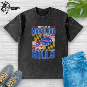 Alt Text: Buffalo Bills football flag washed t-shirt, perfect for game day, showing team pride while living in Maryland.