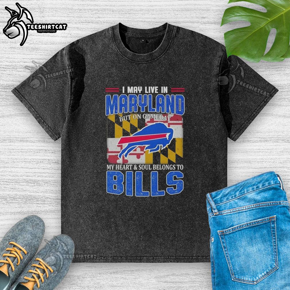 Alt Text: Buffalo Bills football flag washed t-shirt, perfect for game day, showing team pride while living in Maryland.