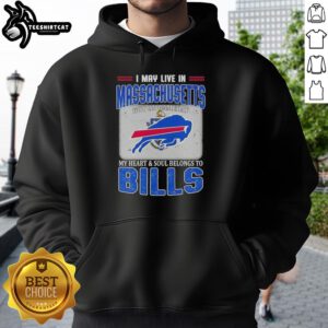 Alt Text: Fan wearing a Buffalo Bills hoodie, showcasing pride for the team while living in Massachusetts on game day.