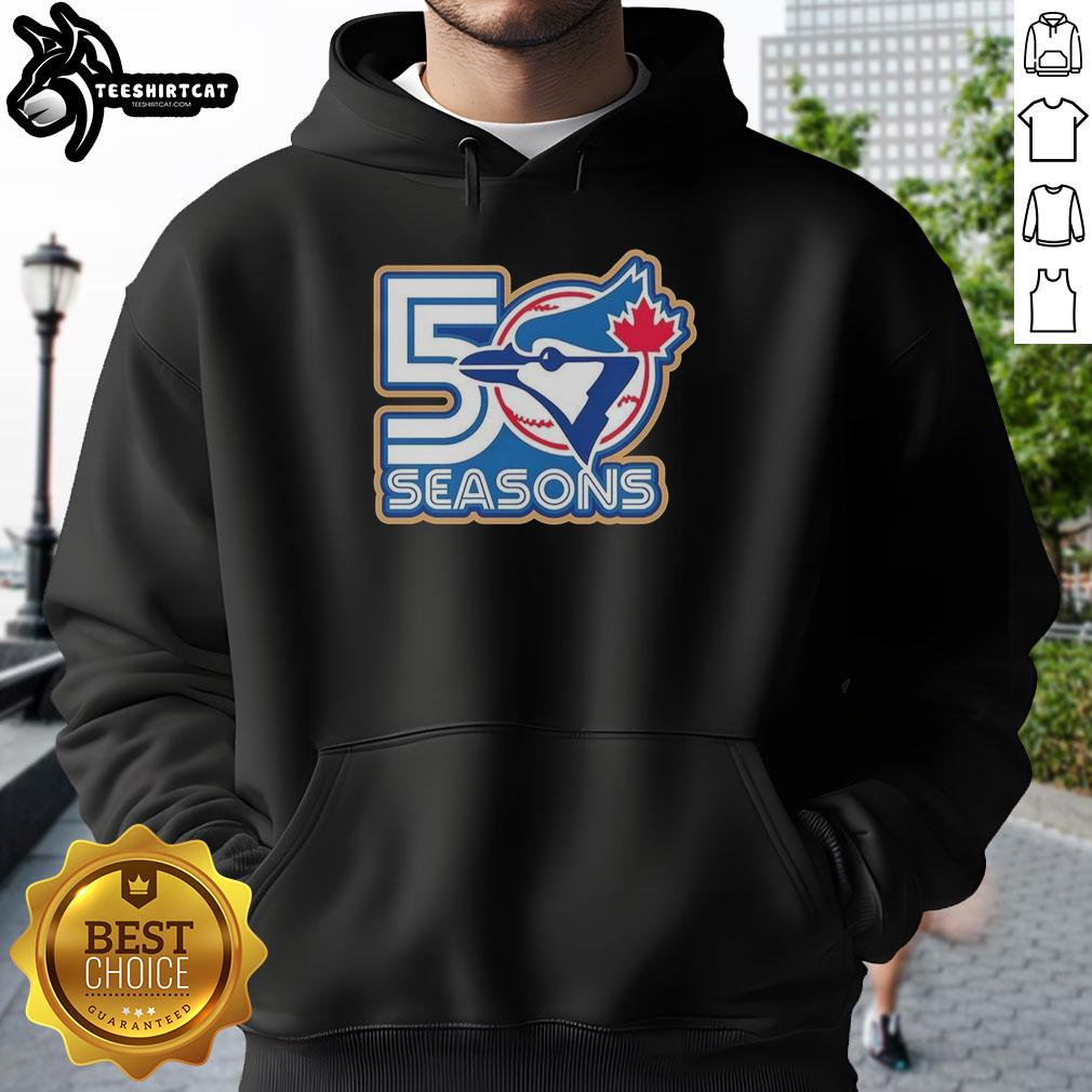 Alt Text: Awesome Toronto Blue Jays 50 Seasons Logo Hoodie showcasing team pride and stylish design for fans.