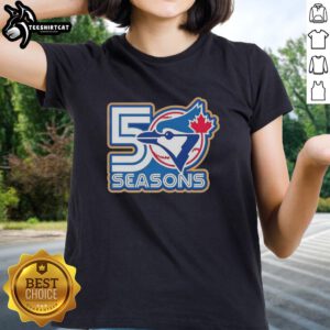 Awesome Toronto Blue Jays 50 Seasons logo on a stylish ladies tee celebrating the iconic baseball team.