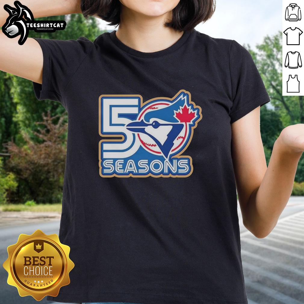 Awesome Toronto Blue Jays 50 Seasons logo on a stylish ladies tee celebrating the iconic baseball team.