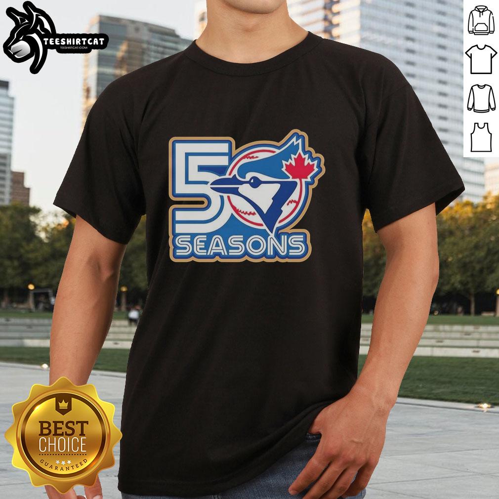 Awesome Toronto Blue Jays 50 Seasons Logo T-Shirt featuring a bold design celebrating the team's anniversary.