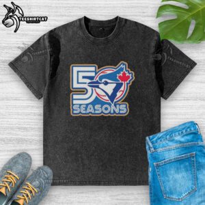 Awesome Toronto Blue Jays 50 Seasons logo washed t-shirt featuring a vintage design and vibrant colors.