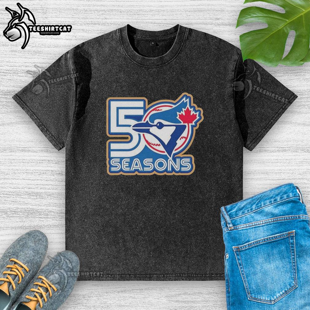 Awesome Toronto Blue Jays 50 Seasons logo washed t-shirt featuring a vintage design and vibrant colors.