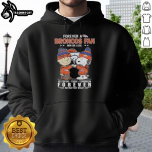 Alt Text: Cute Charlie Brown fist bumping Snoopy, wearing a Denver Broncos fan hoodie, showcasing loyalty win or lose.