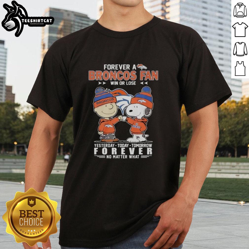 Alt Text: Cute Charlie Brown fist bump with Snoopy on a Denver Broncos fan t-shirt, celebrating loyalty win or lose.