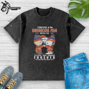 Charlie Brown fist bump with Snoopy, showcasing Denver Broncos fan spirit on a washed T-shirt, win or lose.