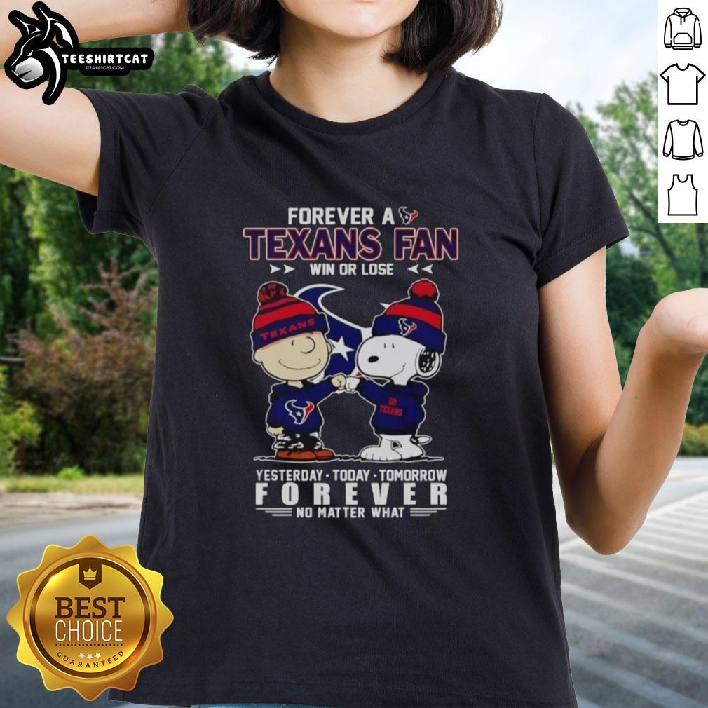 Alt Text: Cute Charlie Brown fist bump with Snoopy on a Houston Texans fan tee, celebrating loyalty win or lose.