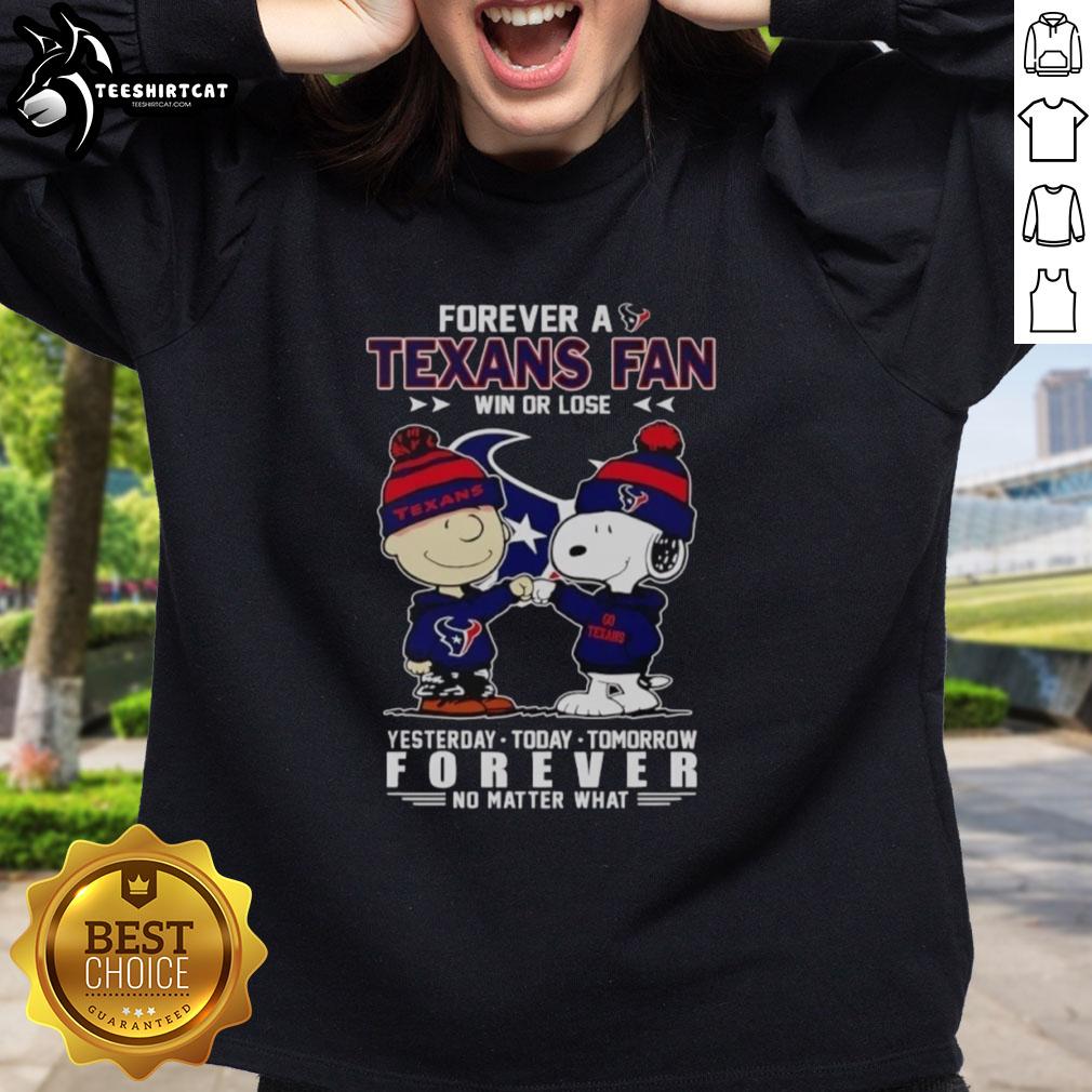 Alt Text: Cute Charlie Brown fist bump with Snoopy on a Houston Texans fan sweatshirt, celebrating loyalty win or lose.