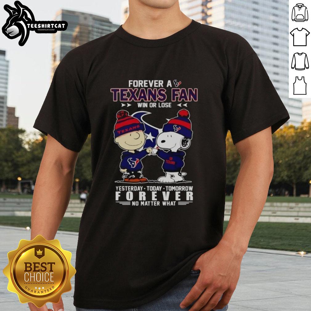 Alt Text: Cute Charlie Brown fist bump with Snoopy on Houston Texans fan t-shirt, celebrating loyalty win or lose.