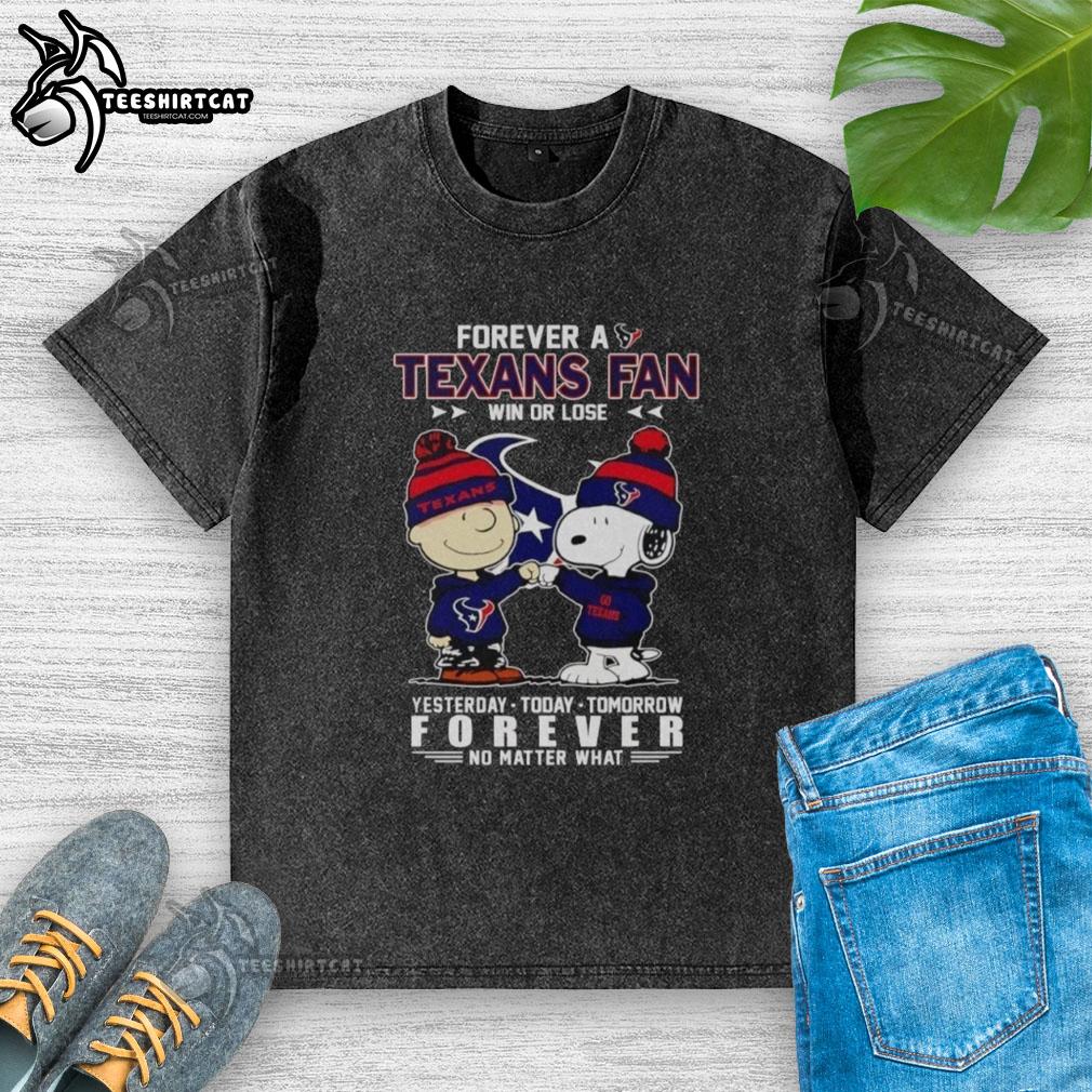 Cute Charlie Brown and Snoopy fist bump on a washed t-shirt for Houston Texans fans, win or lose, always supporting.