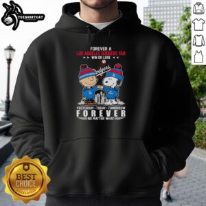 Alt Text: Cute Charlie Brown fist bump with Snoopy on a Dodgers hoodie for true fans, win or lose, forever supportive.