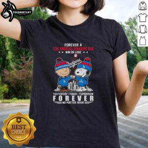 Cute Charlie Brown fist bump with Snoopy, celebrating Dodgers fandom on a ladies tee, win or lose, forever loyal.