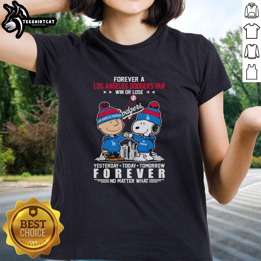 Cute Charlie Brown fist bump with Snoopy, celebrating Dodgers fandom on a ladies tee, win or lose, forever loyal.