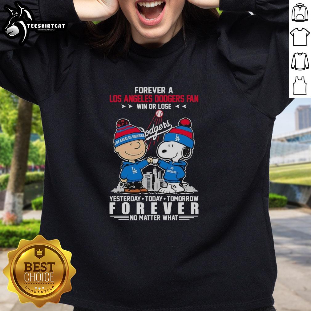 Alt Text: Cute Charlie Brown fist bump with Snoopy on a 'Forever a Los Angeles Dodgers Fan' sweatshirt, win or lose.