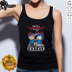 Cute Charlie Brown fist bump with Snoopy, celebrating Dodgers fandom in a stylish tank top, win or lose.