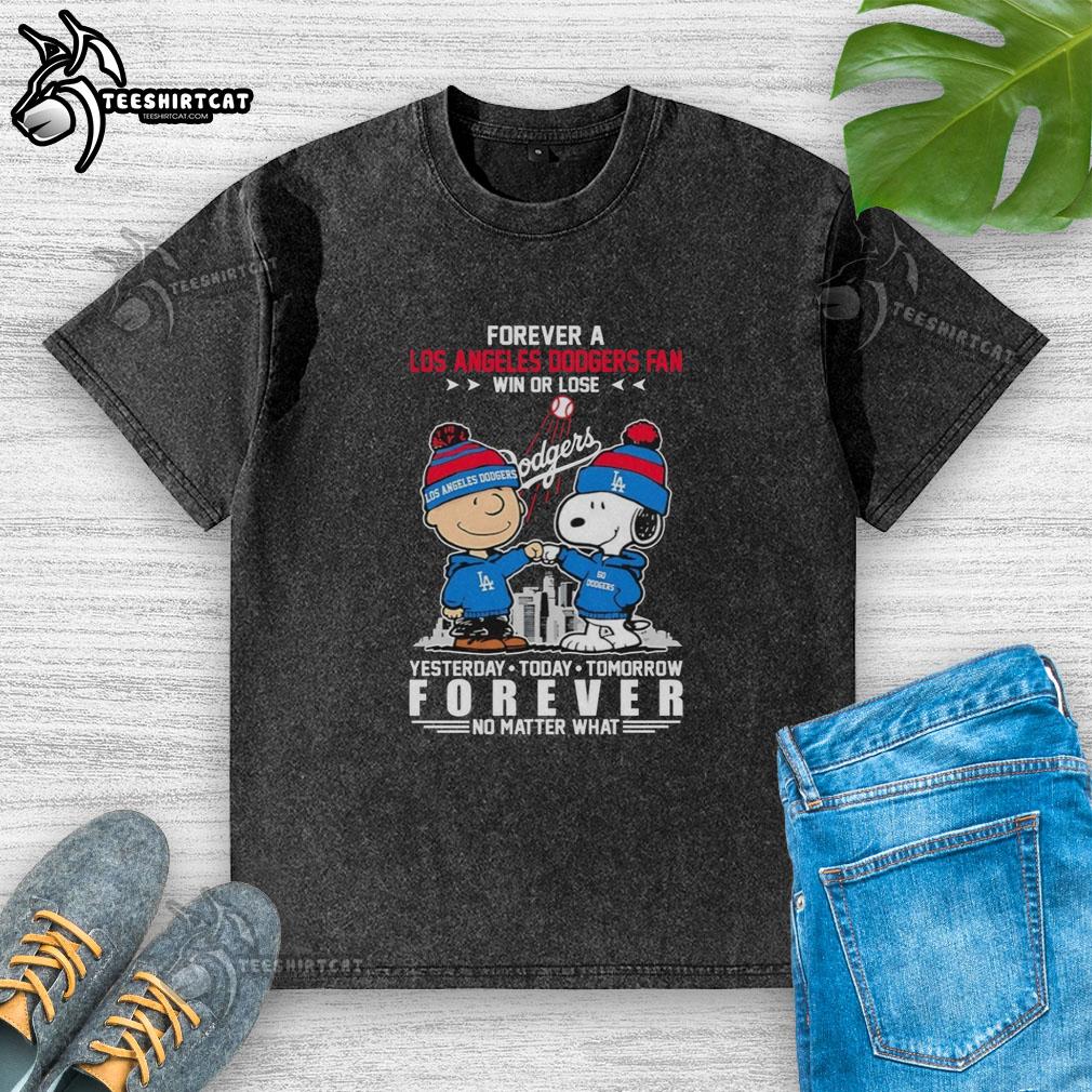 Alt Text: Cute Charlie Brown fist bump with Snoopy, showcasing Los Angeles Dodgers fan spirit in a trendy washed t-shirt.