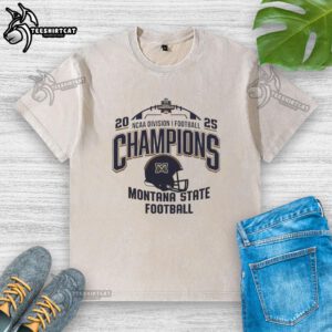 Alt Text: Good Montana State Bobcats NCAA Division I Football Champions 2025 helmet logo on a stylish washed t-shirt.
