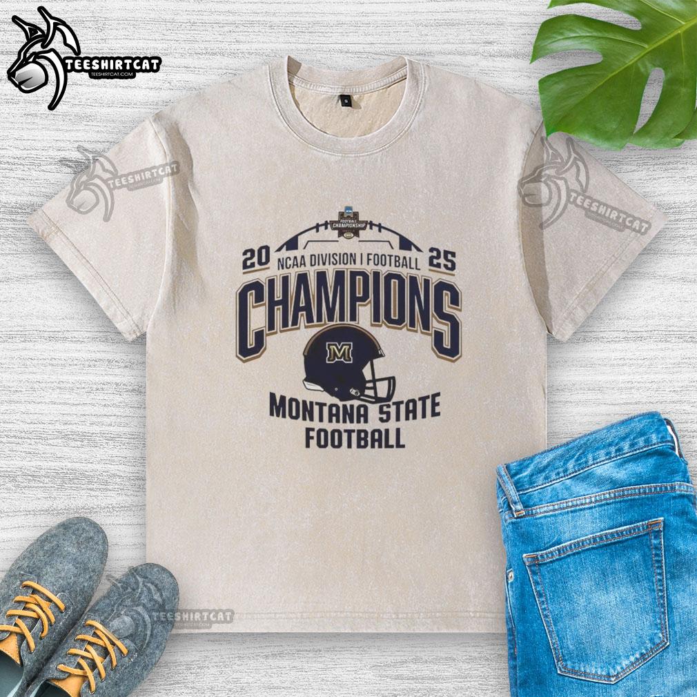 Alt Text: Good Montana State Bobcats NCAA Division I Football Champions 2025 helmet logo on a stylish washed t-shirt.