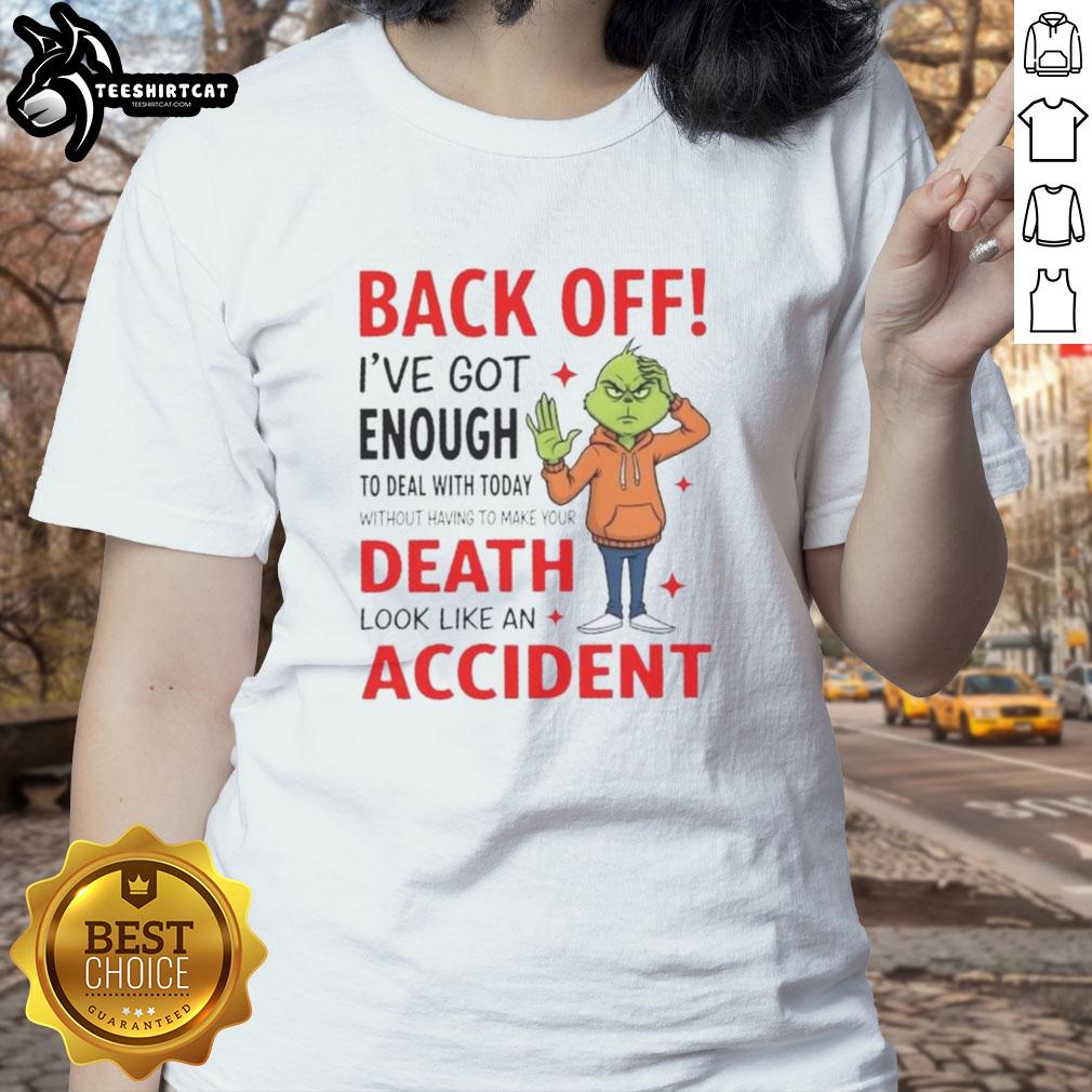 Alt Text: Funny Nice Grinch Back Off tee for women, perfect for holiday humor and expressing seasonal stress.