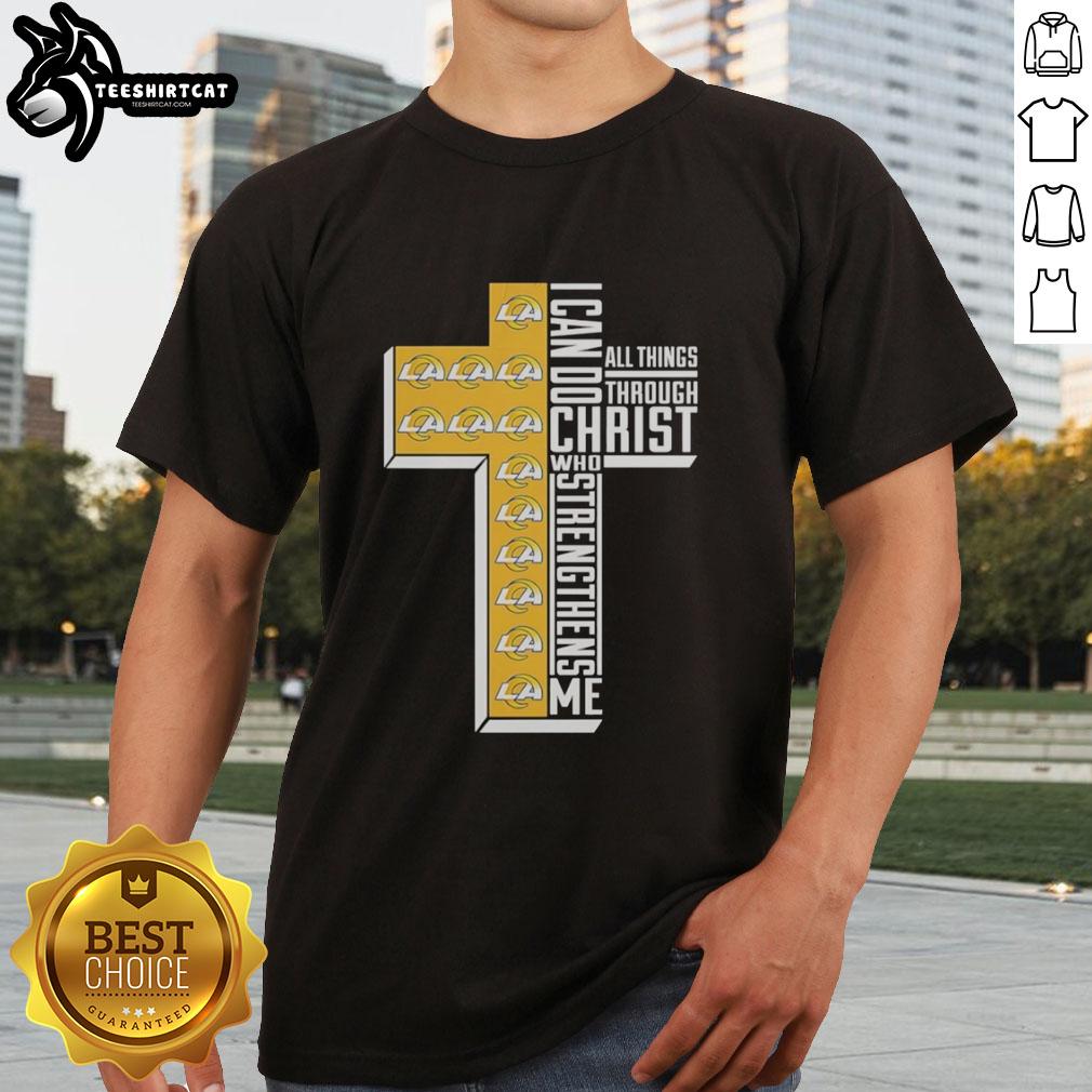 Los Angeles Rams 'I Can Do All Things Through Christ Who Strengthens Me' cross T-shirt in vibrant blue and gold colors.