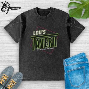 Nice Lous Tavern Wilmington California washed t-shirt in a casual setting, showcasing its unique design and comfort.