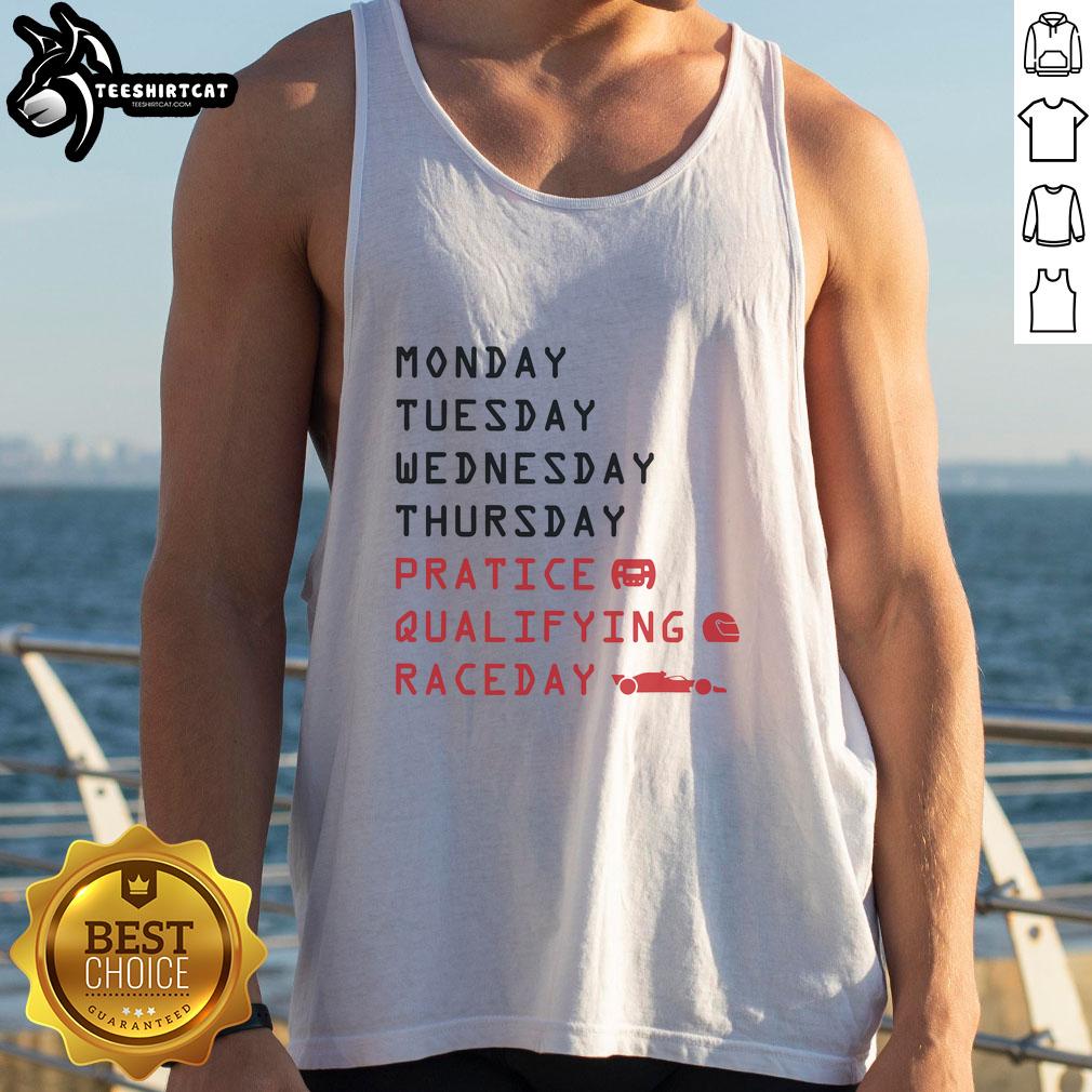 Nice Monday Tuesday Thursday Practice Qualifying Race Day tank top design featuring vibrant colors and racing graphics.