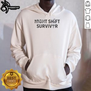 Nurse wearing a Nice Night Shift Survivor hoodie with heartbeat and nurse symbol design, showcasing dedication to night shifts.