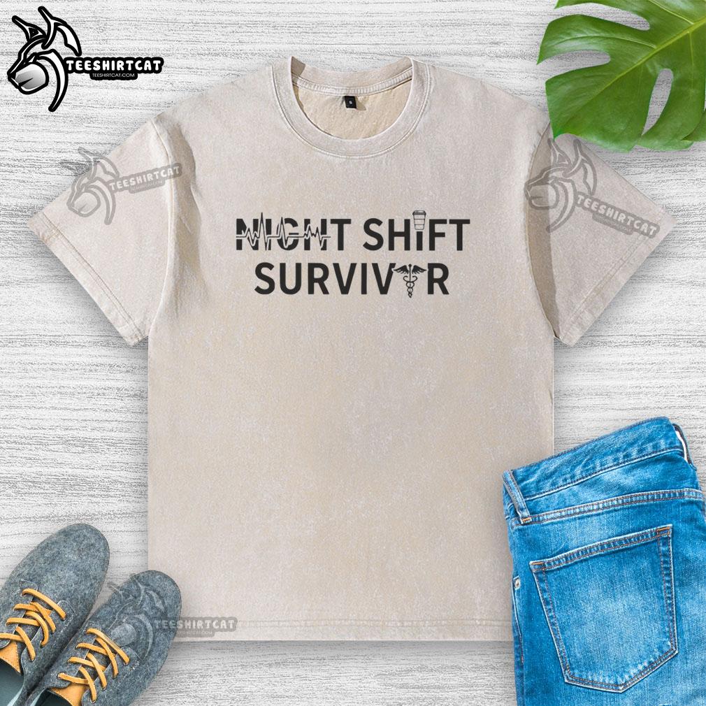 Nice Night Shift Survivor Heartbeat and Nurse Symbol on a Washed T-Shirt, ideal for dedicated healthcare professionals.