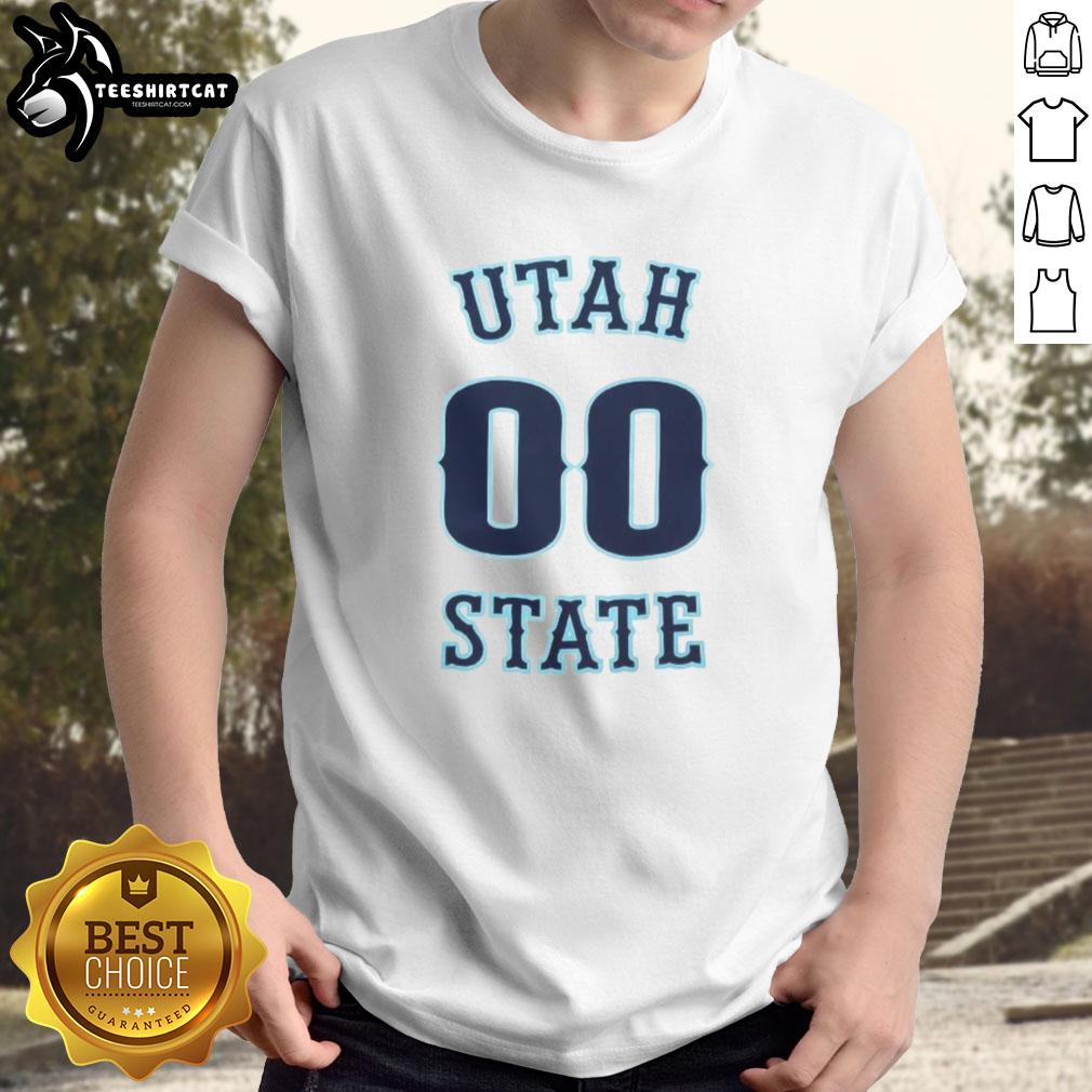Alt Text: Nice Number 00 Utah State Aggies Men's Basketball T-Shirt featuring team colors and logo, perfect for fans.