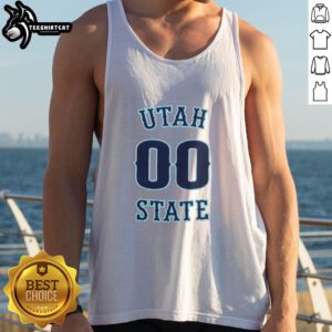 Alt Text: Men's basketball tank top featuring Nice Number 00 for Utah State Aggies, perfect for fans and athletes.