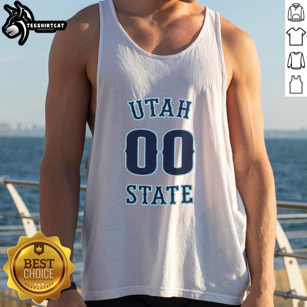 Alt Text: Men's basketball tank top featuring Nice Number 00 for Utah State Aggies, perfect for fans and athletes.