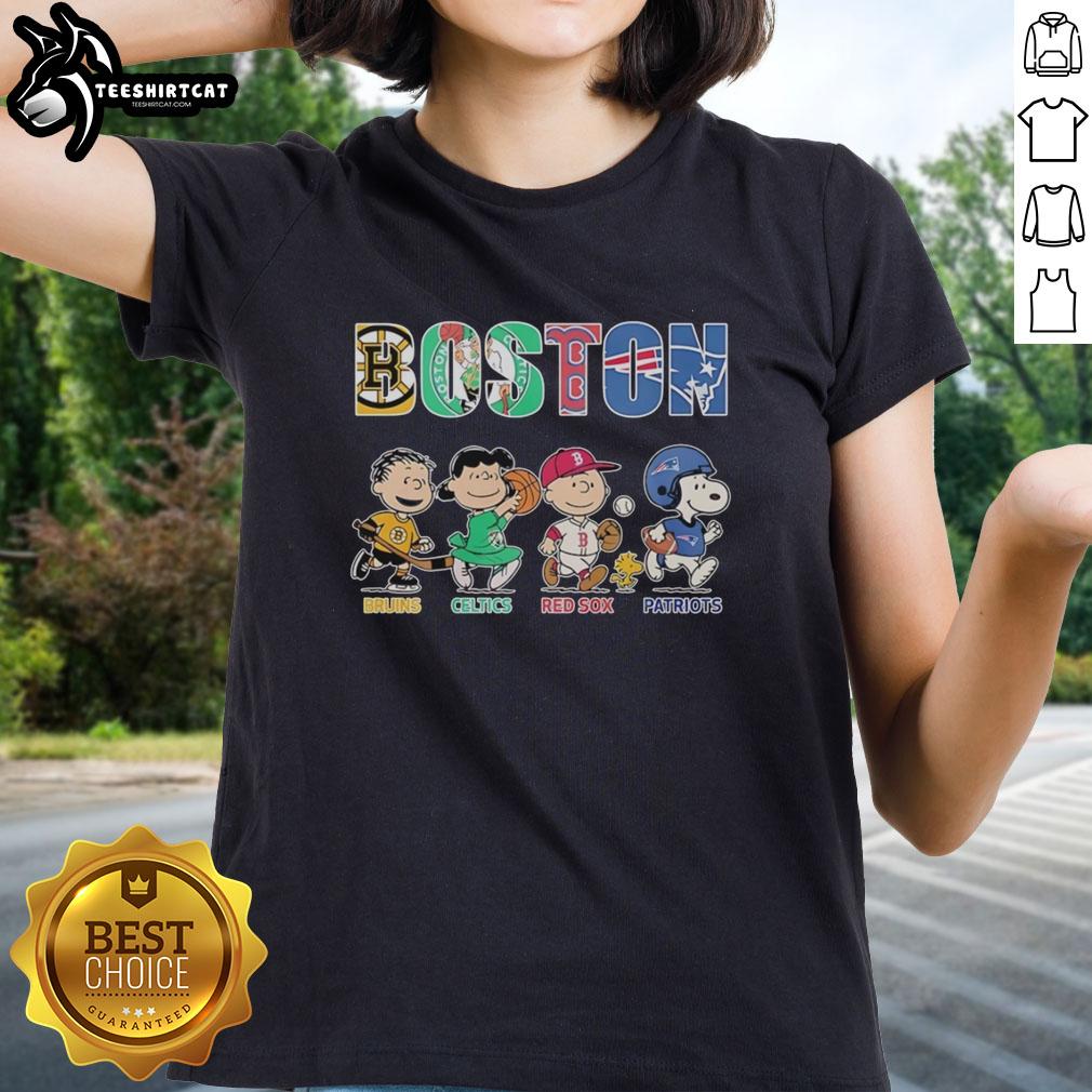 Nice Peanuts characters graphic on a ladies tee featuring Boston Bruins, Celtics, Red Sox, and Patriots logos.