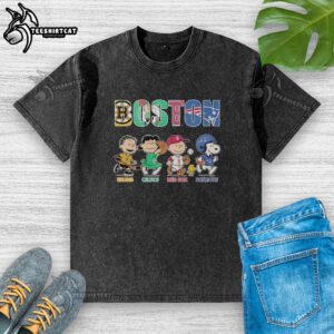 Alt Text: Nice Peanuts characters T-shirt featuring Boston Bruins, Celtics, Red Sox, and Patriots logos in a washed design.