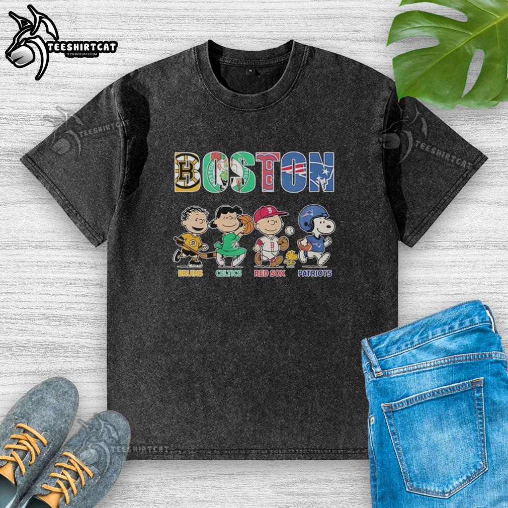 Alt Text: Nice Peanuts characters T-shirt featuring Boston Bruins, Celtics, Red Sox, and Patriots logos in a washed design.