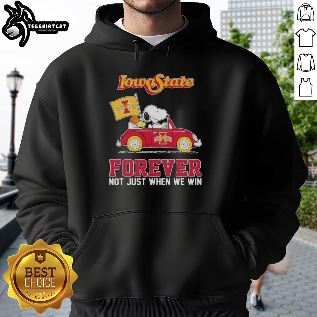 Alt Text: Snoopy driving a car in an Iowa State Cyclones hoodie, celebrating fandom with 'Forever, Not Just When We Win' slogan.