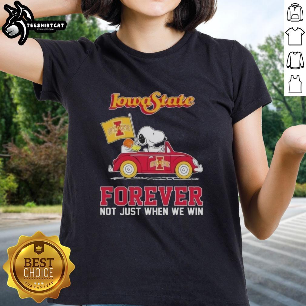 Alt Text: Snoopy driving a car in Iowa State Cyclones tee, celebrating fandom with 'Forever, Not Just When We Win' slogan.