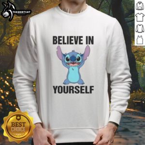 Nice Stitch Believe In Yourself cartoon sweatshirt featuring a colorful design and motivational text for casual wear.