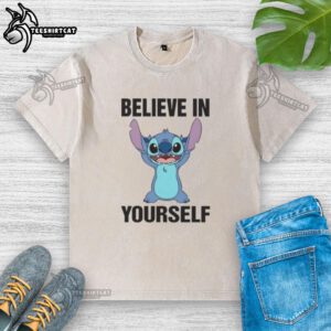 Alt Text: Cartoon 'Believe in Yourself' design on a washed t-shirt, showcasing positivity and stylish comfort for everyday wear.