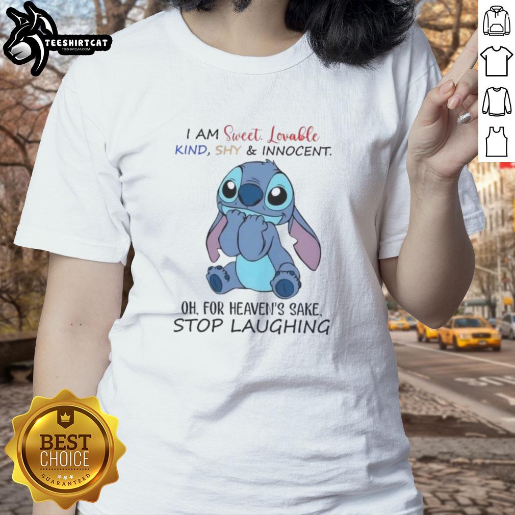 Cartoon ladies tee featuring the phrase 'I Am Sweet, Lovable, Kind, Shy, and Innocent' with a playful design.