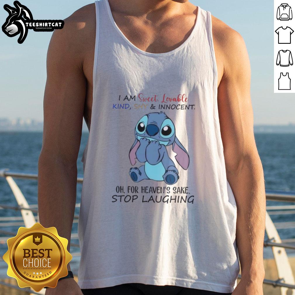 Cartoon tank top featuring 'Nice Stitch: I Am Sweet, Lovable, Kind, Shy, and Innocent' design, perfect for casual wear.